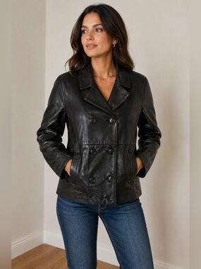 Rem Garson Genuine Leather Jacket Womens Black Double Breasted Coat Size M